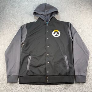 Blizzard Overwatch Varsity Jacket Hoodie Mens L Black Gray Snap Front Hooded
